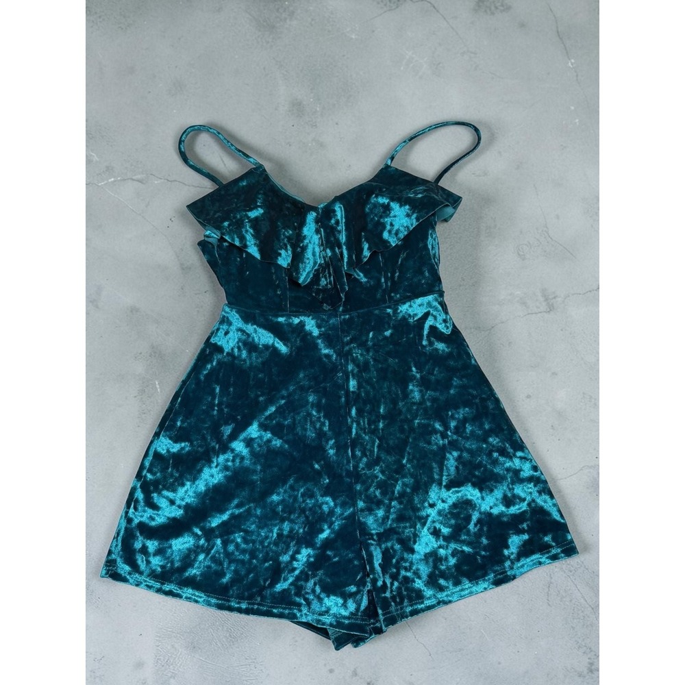 Urban Outfitters Teal Green Crushed Velvet Ruffle Romper - XS